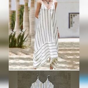 Terzo Millennio Blue/white  Striped Linen asymmetrical Hem Midi Dress S Oversize